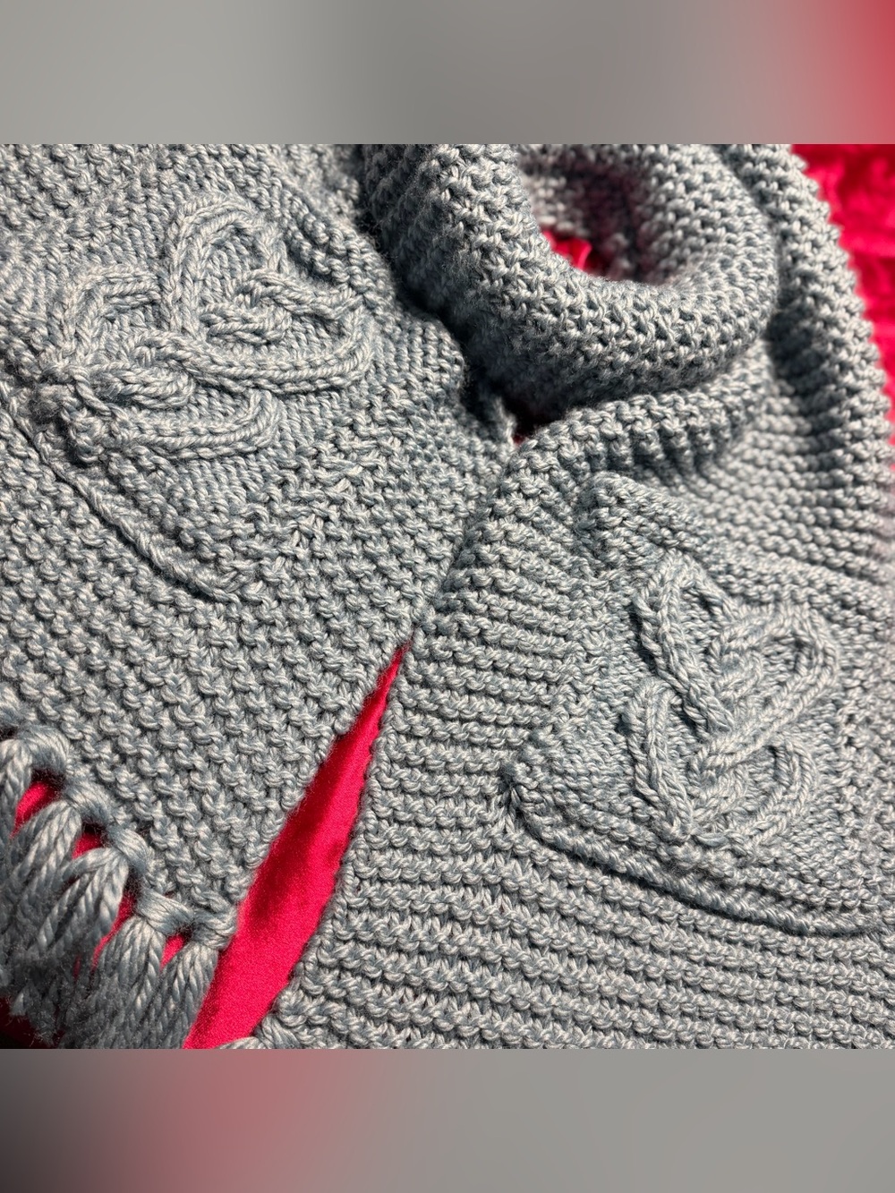 Handmade Hand Crafted Knit Celtic Heart Scarf/Shawl with Pockets denim blue